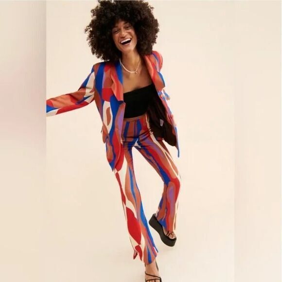 New! Hosbjerg Anthropologie Greta Adele Blazer geometric abstract print red blue - Picture 5 of 16